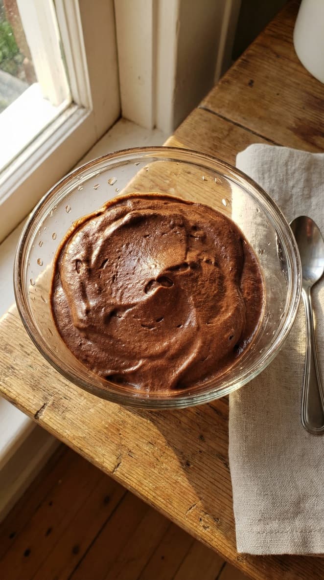 Avocado chocolate mousse served in a glass with a glossy chocolate finish
