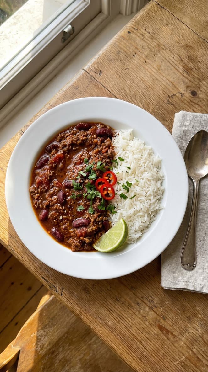 A bowl of chili con carne served with rice