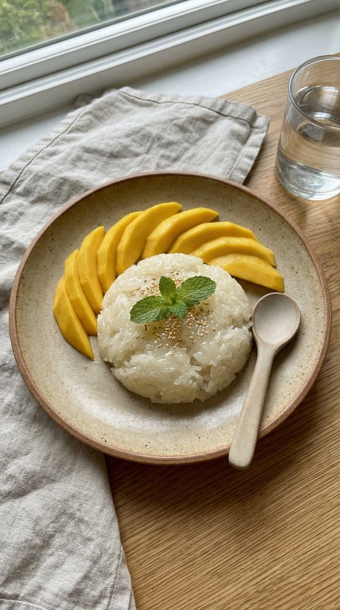 A plate of mango sticky rice with glossy mango slices