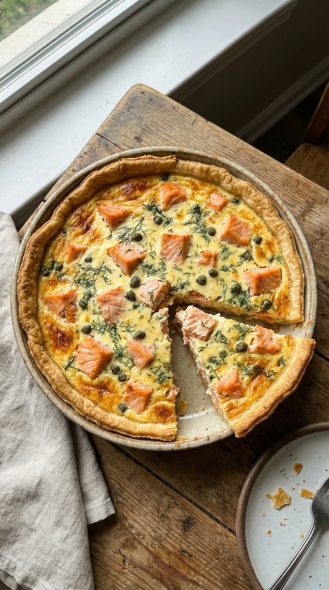 A golden salmon quiche with a crisp edge