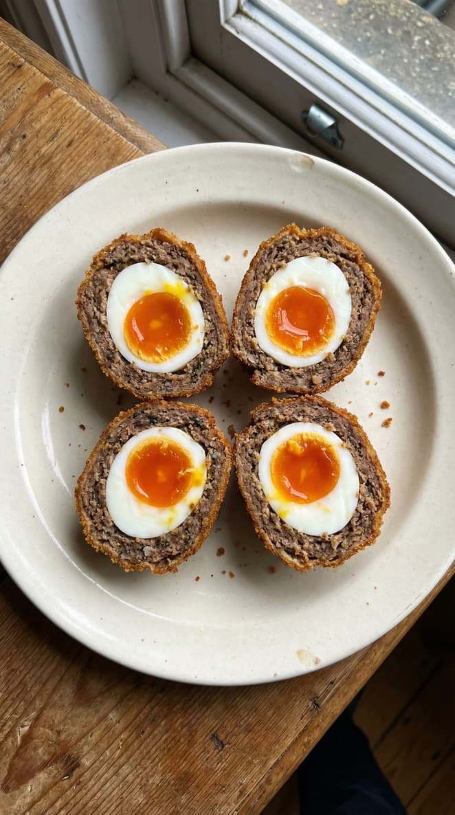 Scottish eggs cut open to show the center