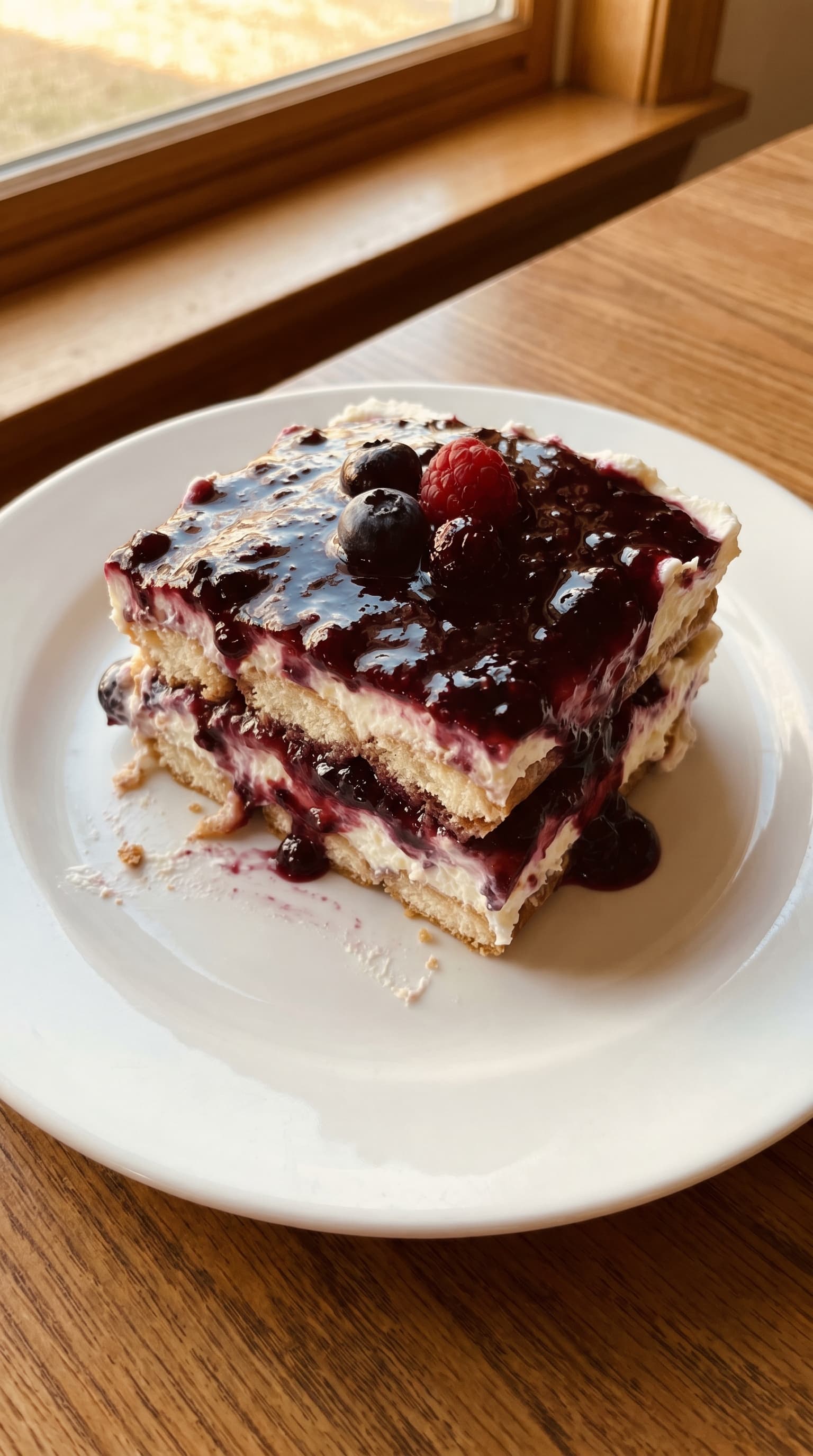 A layered berry dessert lasagna topped with glossy berry sauce and fresh berries on a white plate.
