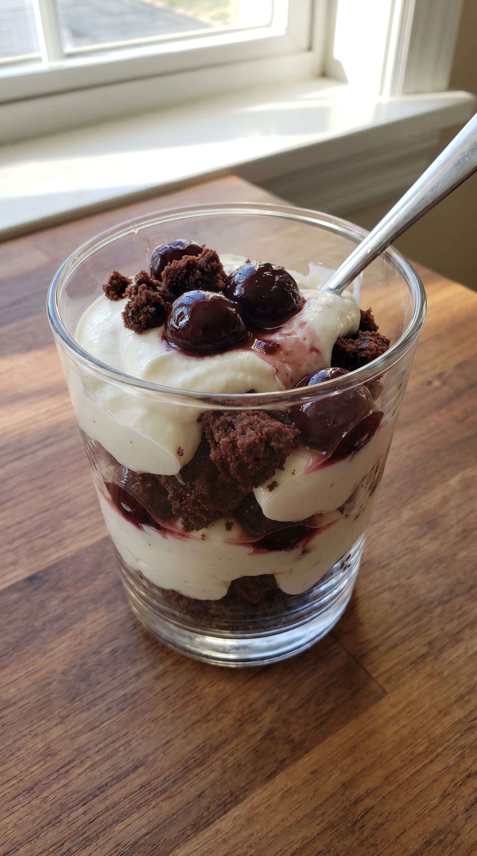 A black forest yogurt parfait layered with creamy yogurt, chocolate cake crumbs and cherries in a glass.
