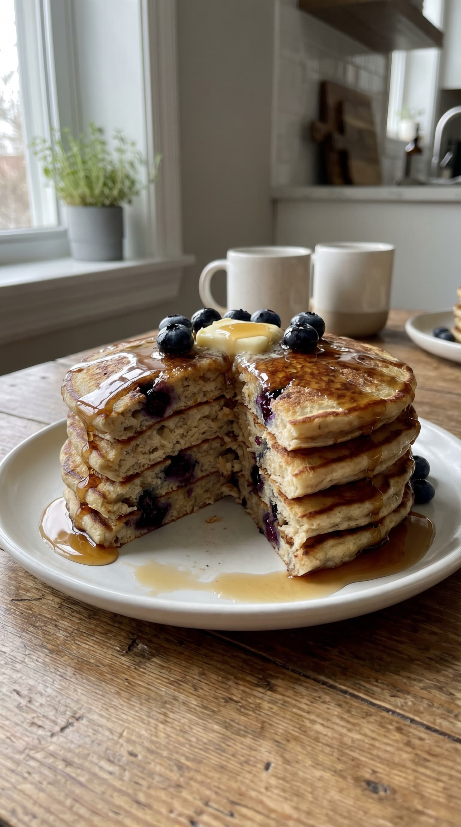 A stack of fluffy blueberry pancakes topped with butter, syrup and fresh blueberries on a white plate.