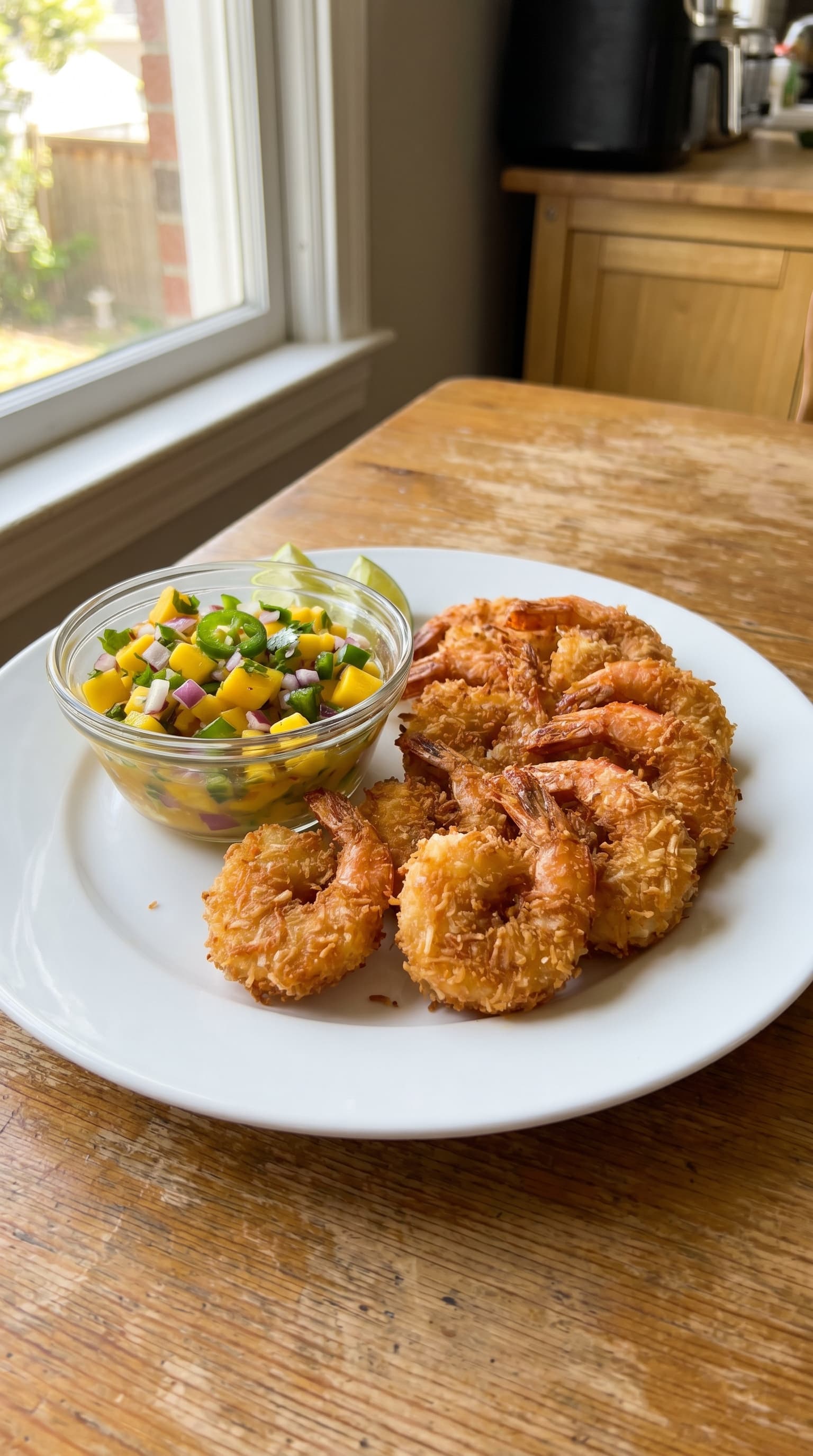 Golden crispy coconut shrimp served on a white plate with a glass bowl of mango lime salsa and lime wedges by a sunny window.