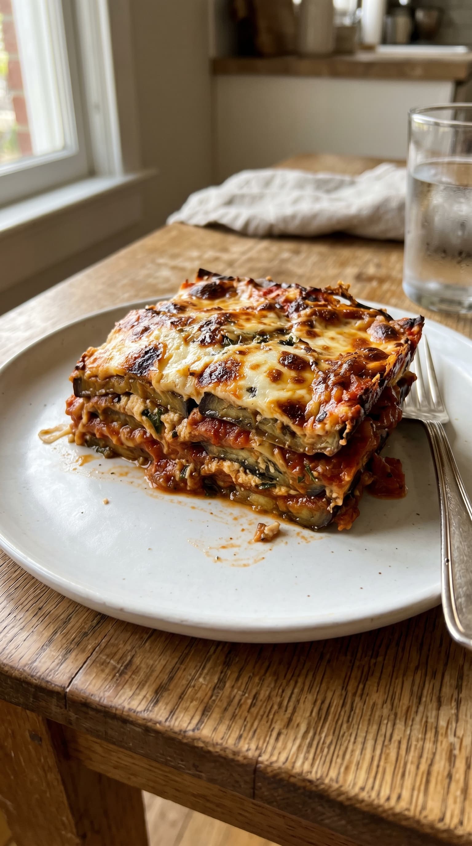 A thick slice of eggplant lasagna on a white plate with layers of roasted eggplant, tomato sauce, creamy cheese, and golden melted mozzarella.