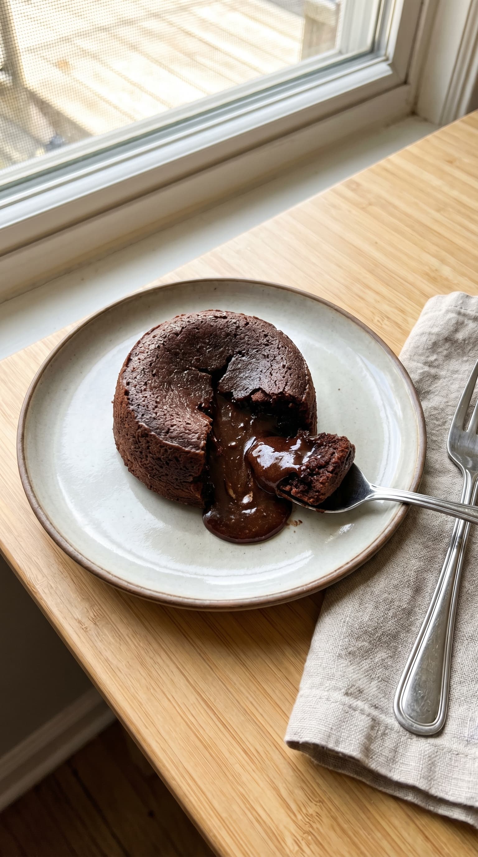 A healthy chocolate lava cake with a soft molten center on a plate.
