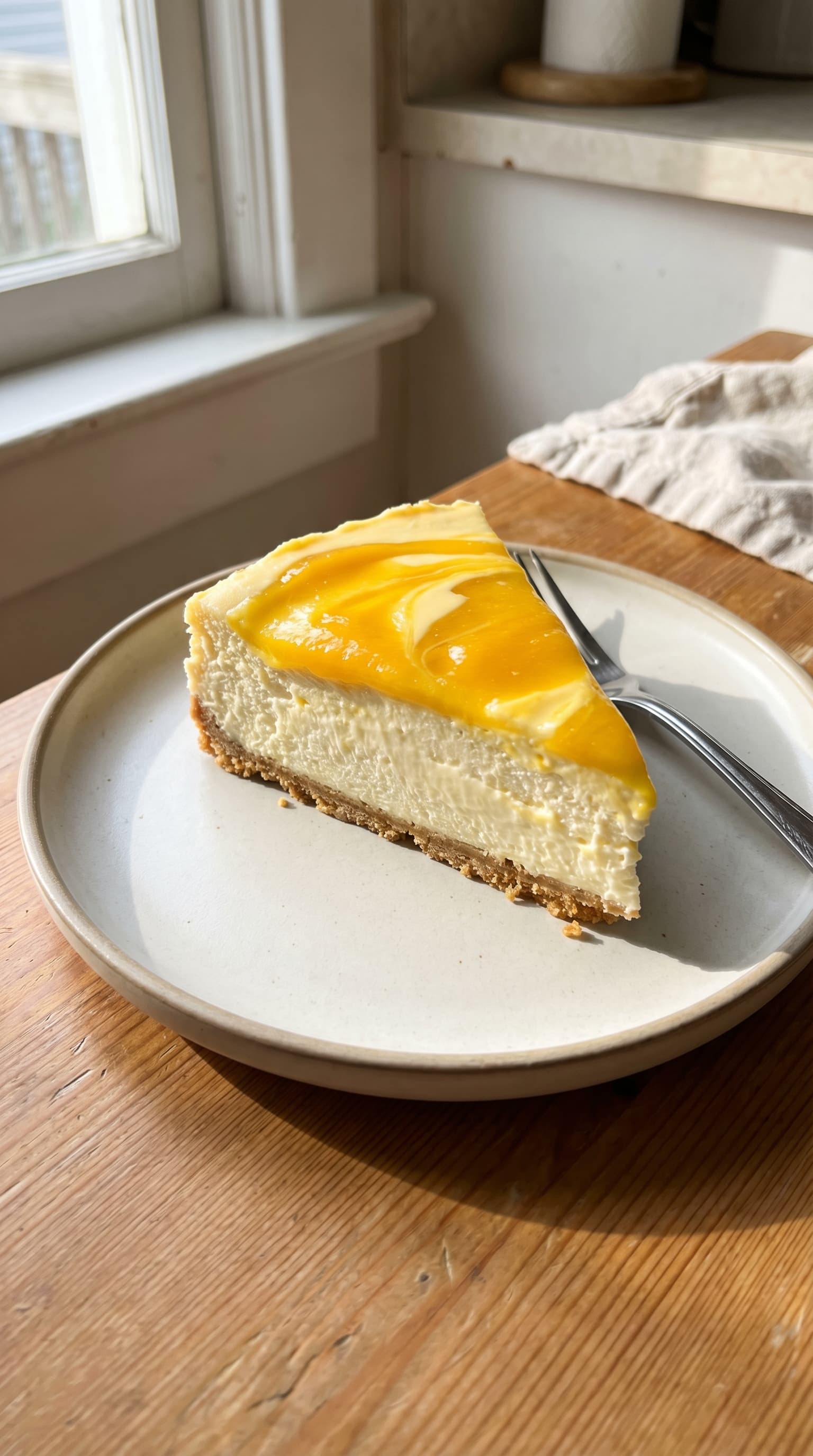 A light mango cheesecake topped with fresh mango pieces on a serving plate.