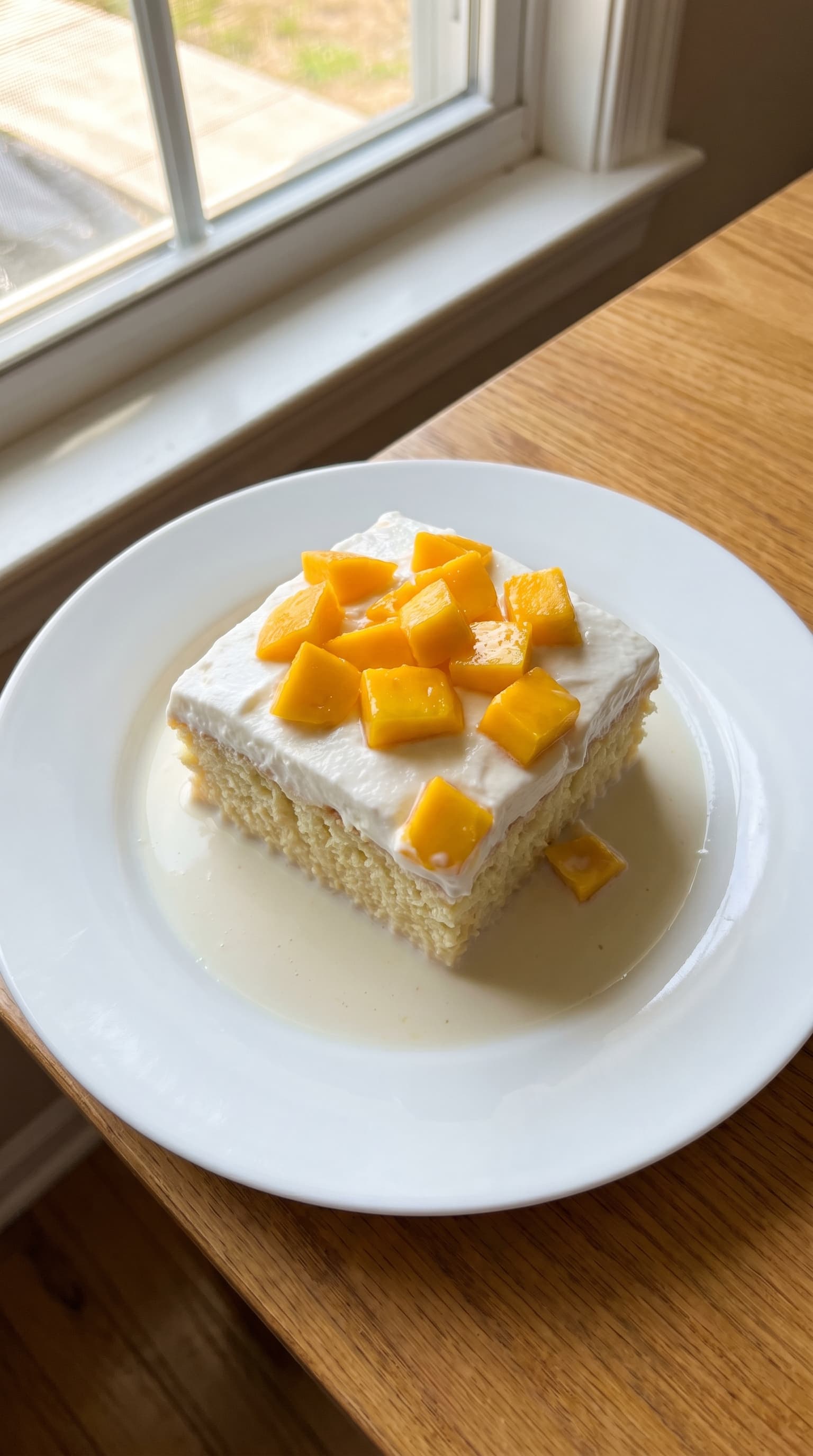 A slice of mango coconut tres leches cake topped with fresh mango pieces on a white plate.