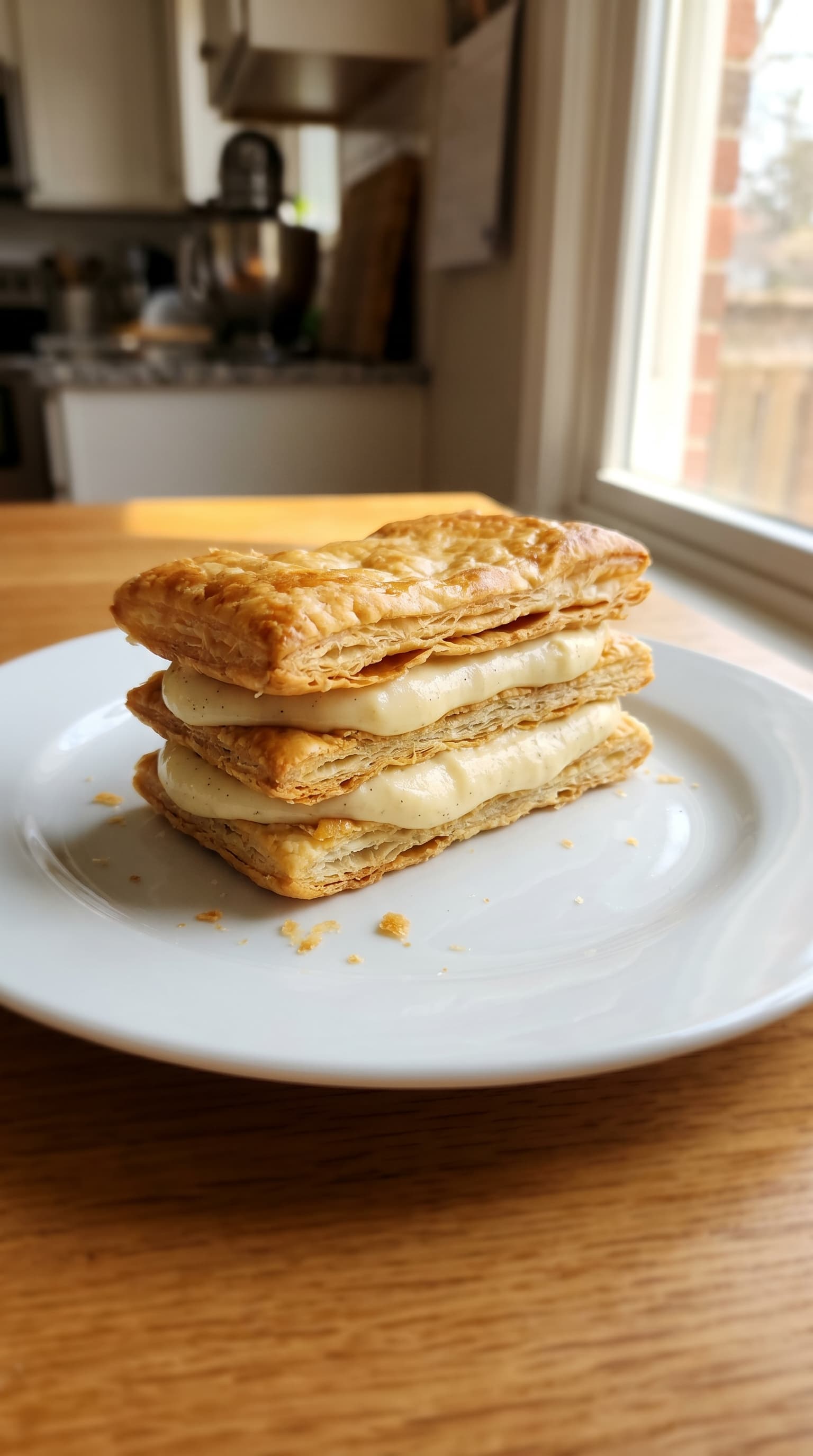 Golden mille feuille with flaky puff pastry layers and smooth vanilla cream served on a white plate by a window.