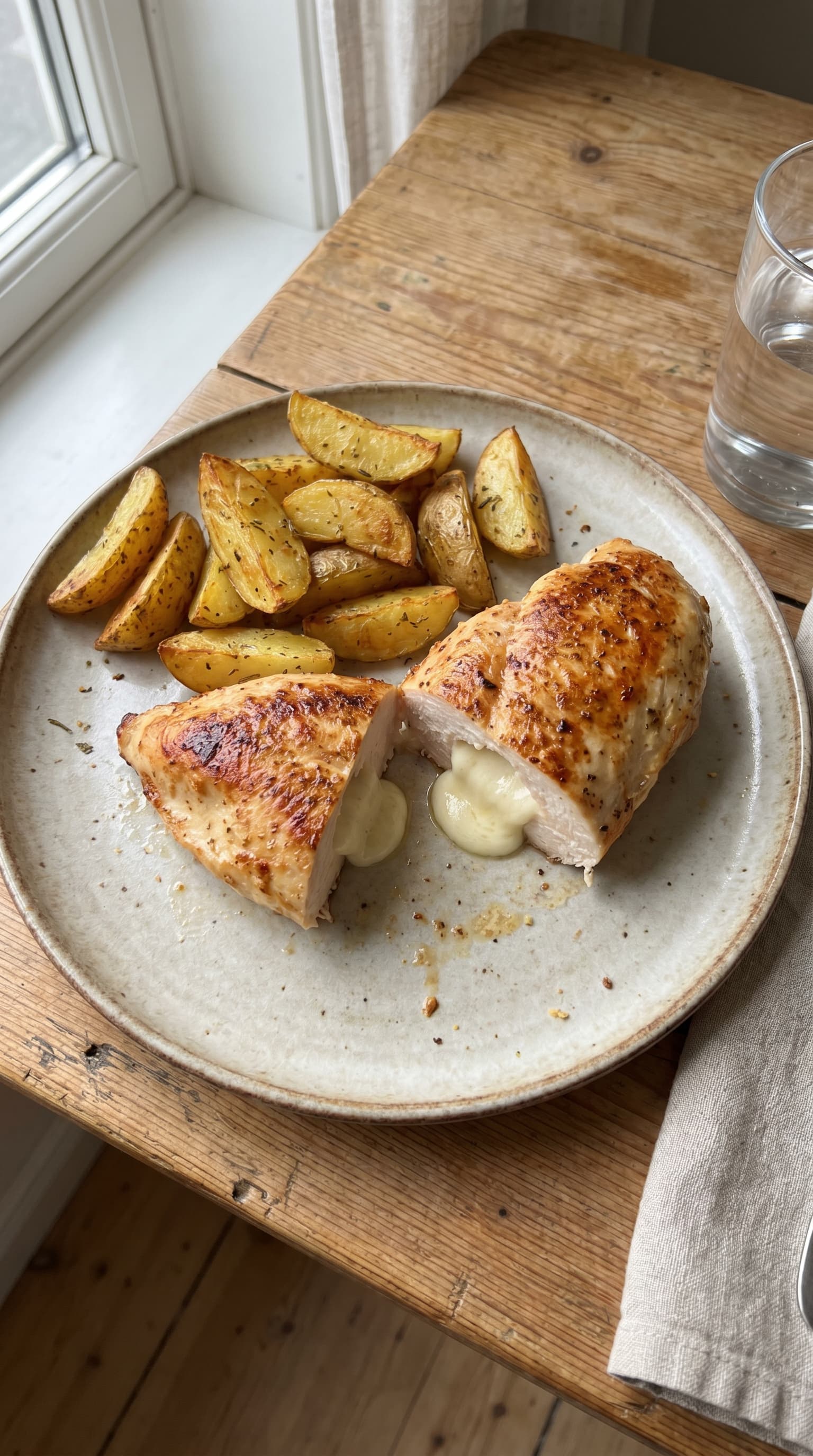 Golden chicken breast stuffed with melted mozzarella and served with roasted potatoes on a plate.