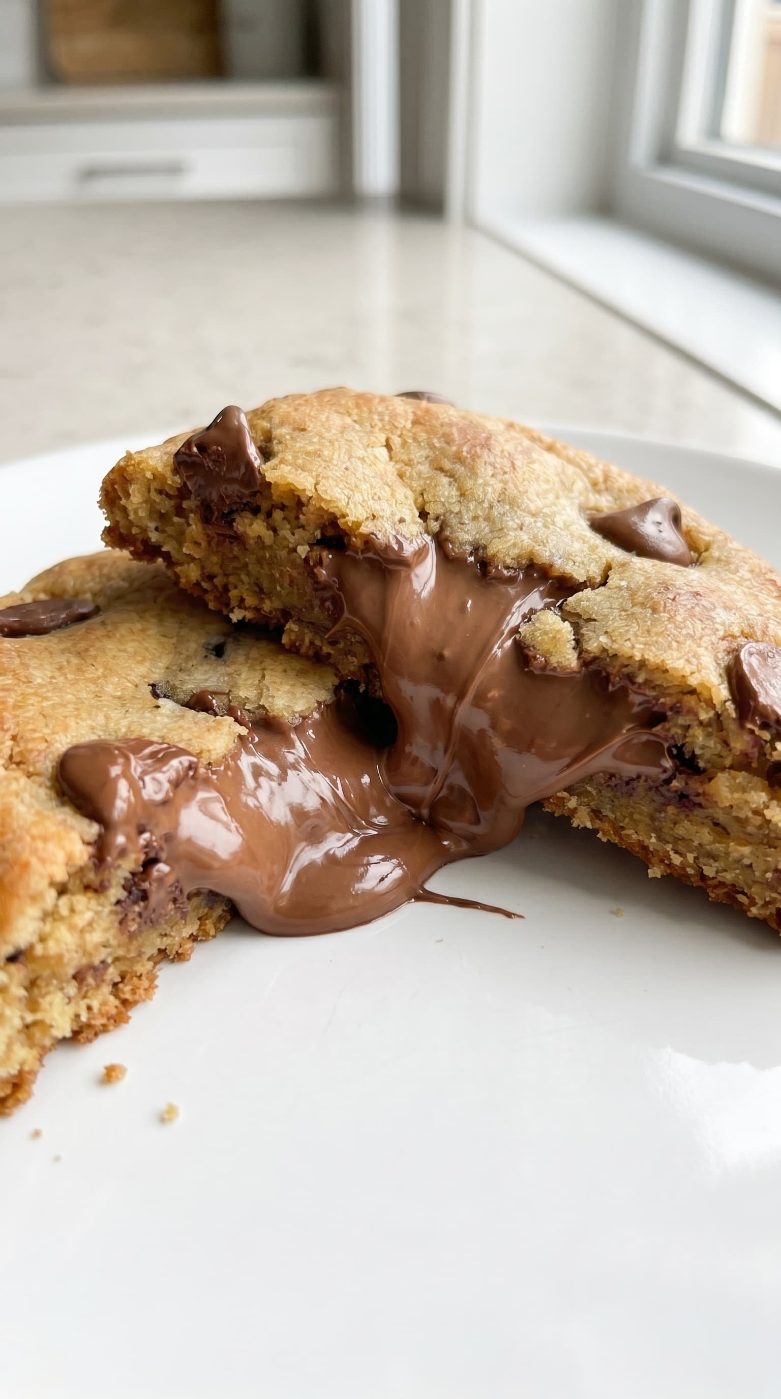 A warm Nutella stuffed chocolate chip cookie broken open on a white plate with melted chocolate hazelnut filling spilling out.