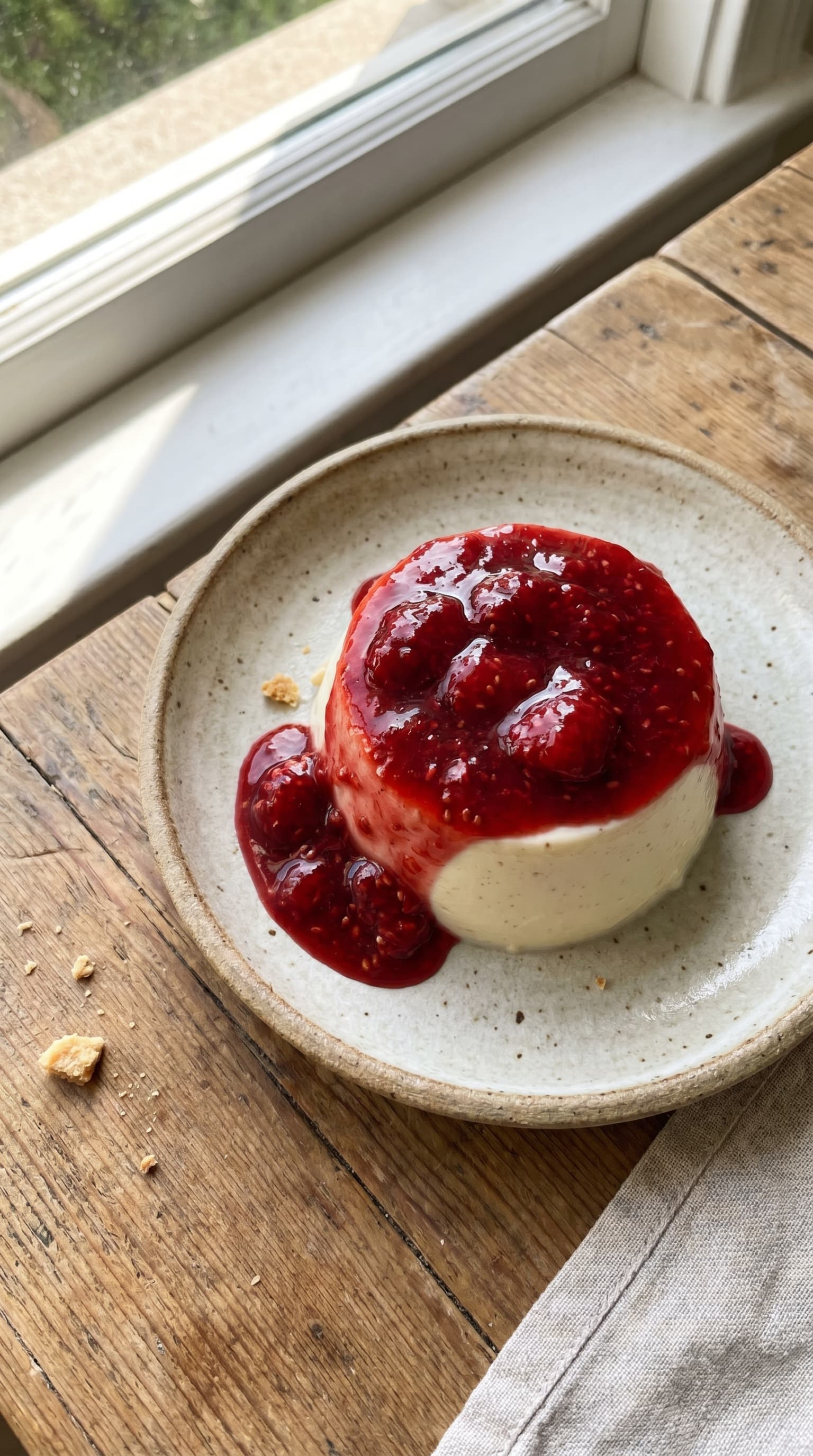 A creamy panna cotta topped with red berry coulis in a glass dessert cup.