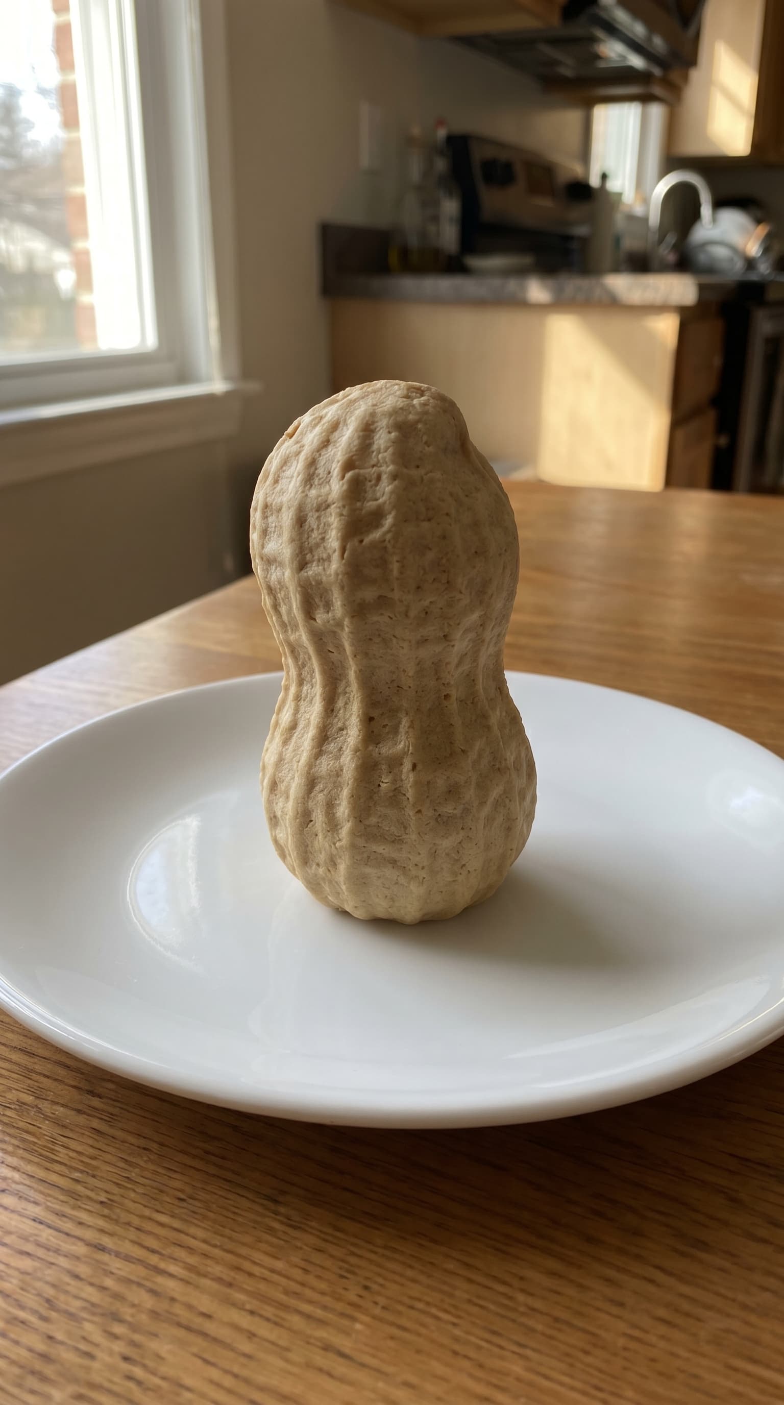 A peanut-shaped illusion dessert served on a white plate.