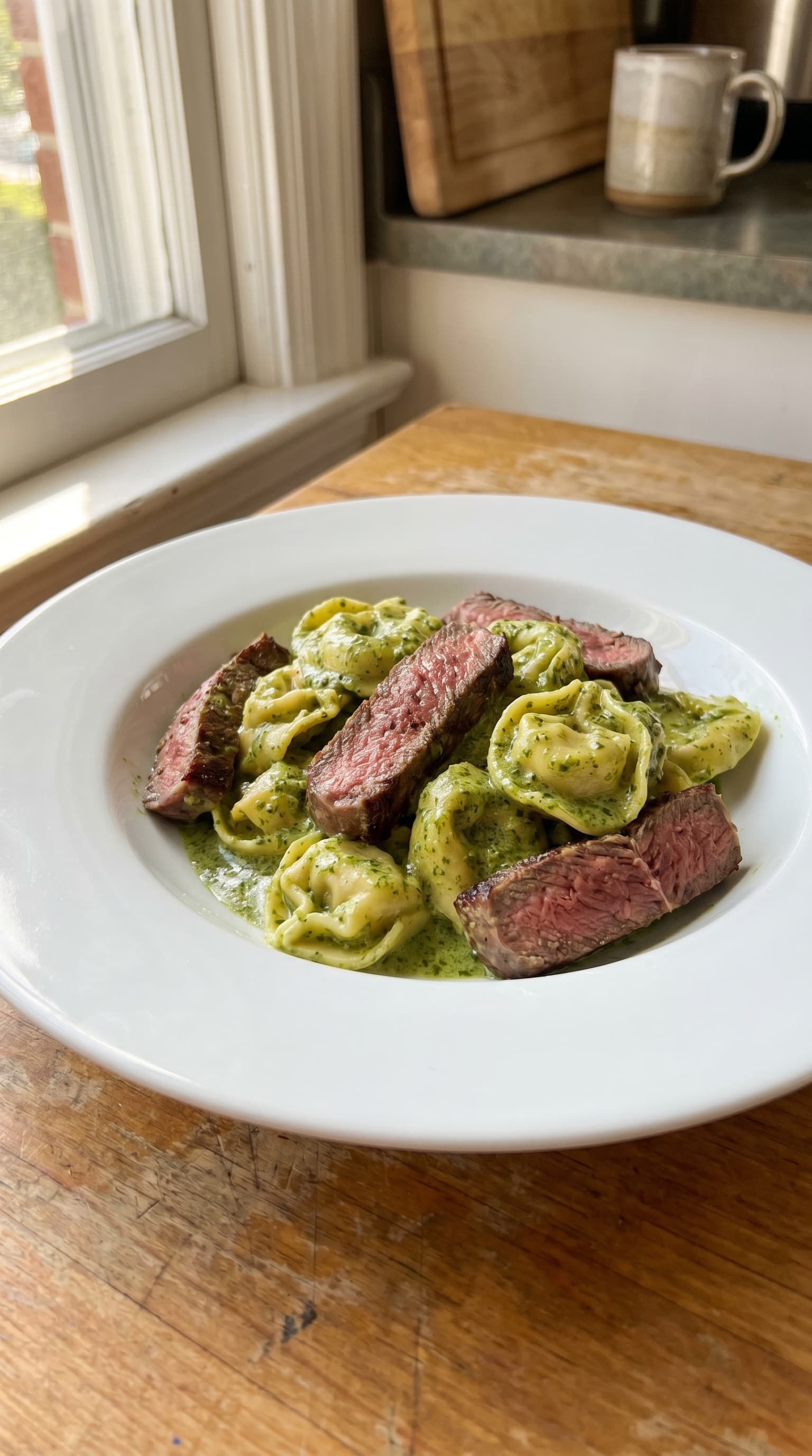 Cheese tortellini coated in creamy green pesto sauce with sliced medium-rare steak served in a white bowl by a window.
