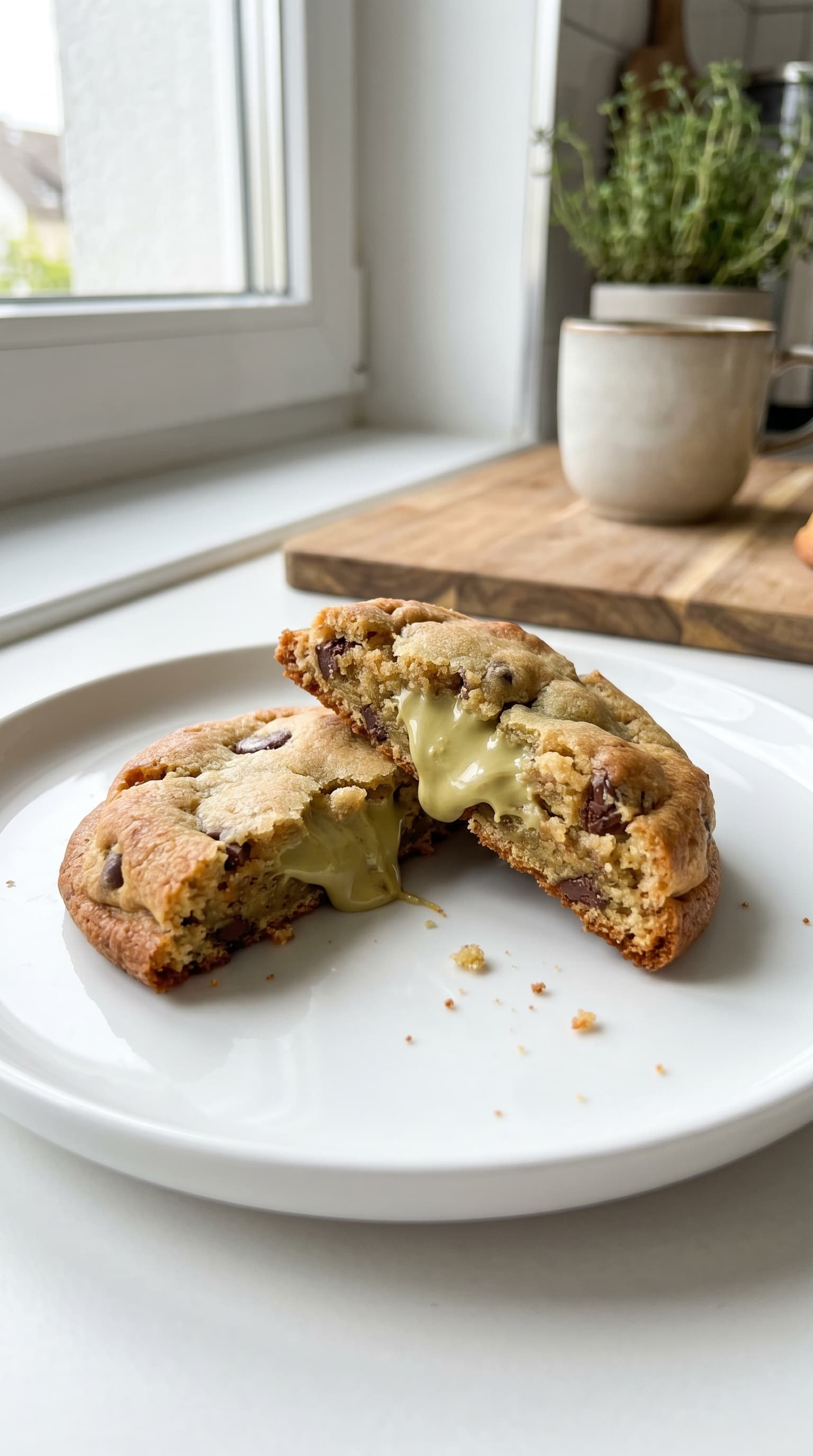 Soft cookies filled with creamy pistachio center on a plate.