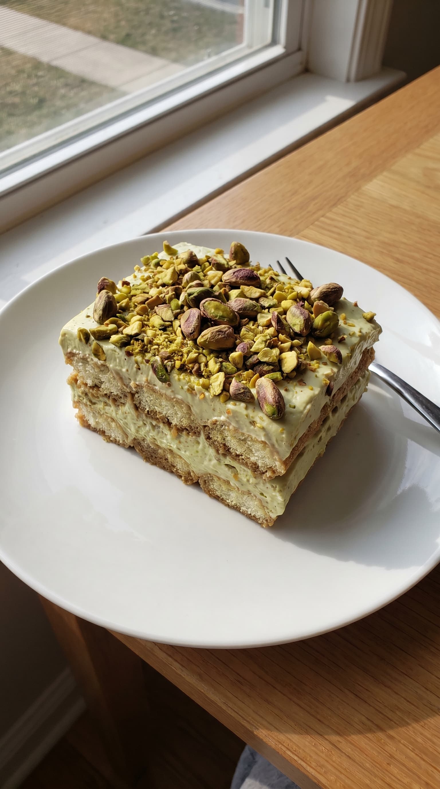 A layered pistachio tiramisu topped with chopped pistachios on a white plate.