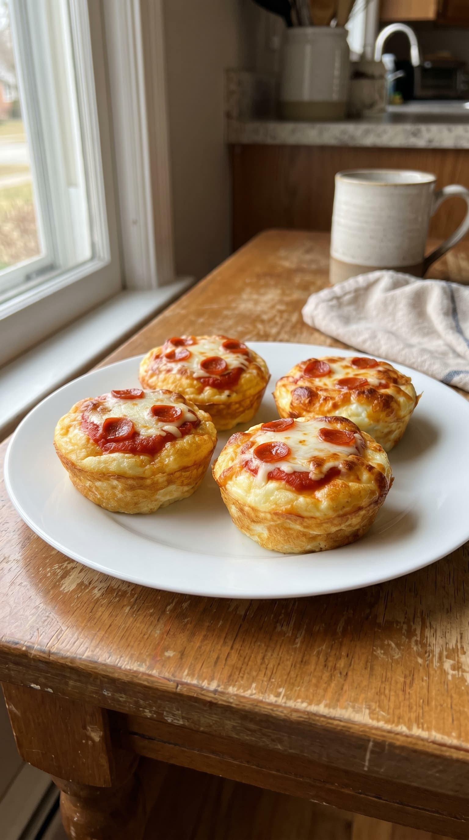 Pizza egg white muffins with tomato sauce, melted mozzarella, and mini pepperoni served on a white plate by a kitchen window.